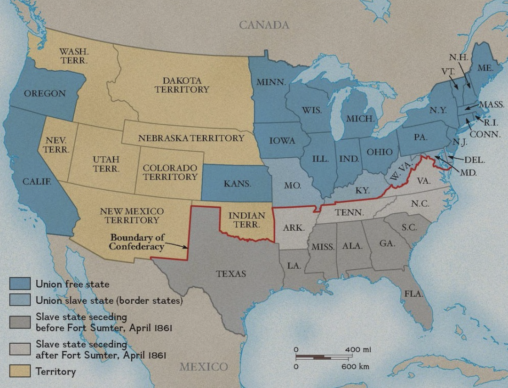 Map of the US in Civil War Era